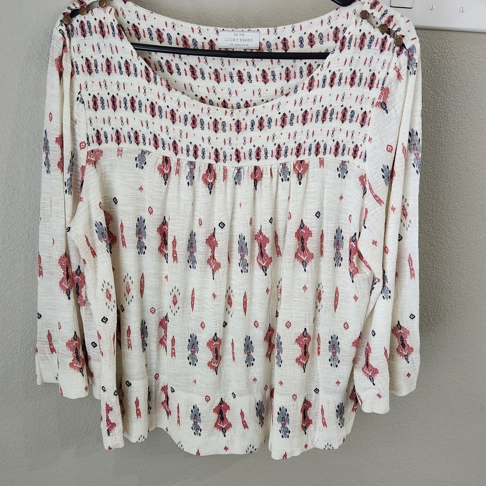Lucky Brand Women's Cream Patterned Top Size L